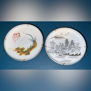 Kutani China Vintage Decorative Mini Plates- Gold Dragon & Countryside (4”)